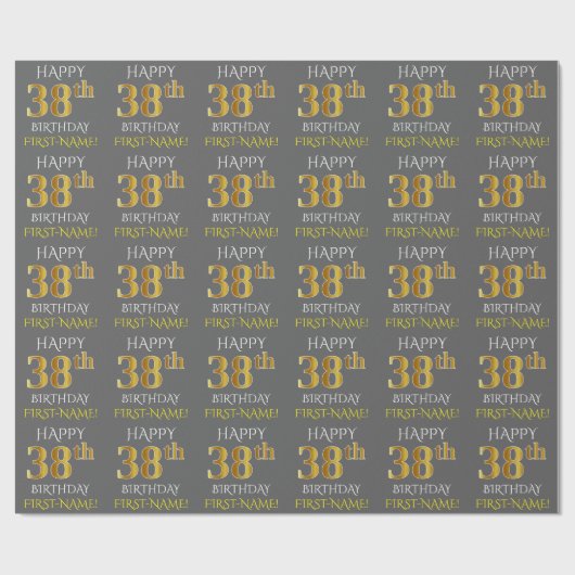 Papier Cadeau Grey, Faux Gold "HAPPY 38th BIRTHDAY" (Plat)