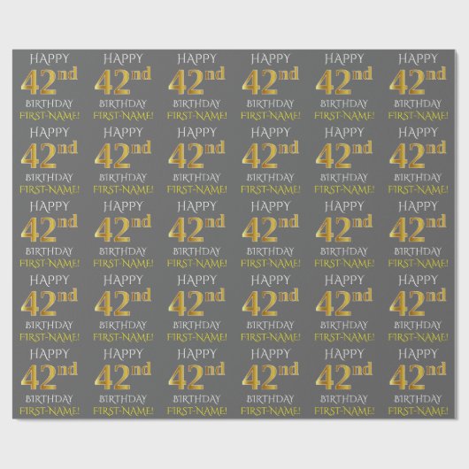 Papier Cadeau Grey, Faux Gold "HAPPY 42nd BIRTHDAY" (Plat)