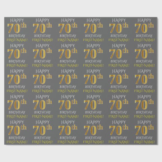 Papier Cadeau Grey, Faux Gold "HAPPY 70th BIRTHDAY" (Plat)