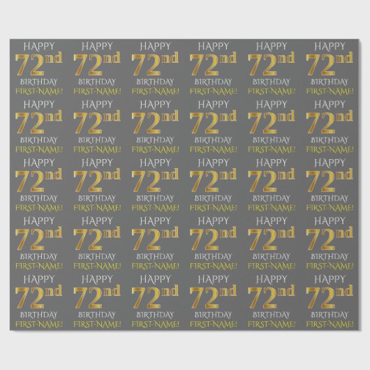 Papier Cadeau Grey, Faux Gold "HAPPY 72nd BIRTHDAY" (Plat)
