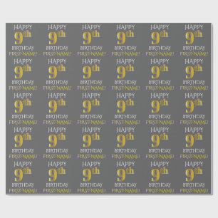 Papier Cadeau Grey, Faux Gold "HAPPY 9th BIRTHDAY"