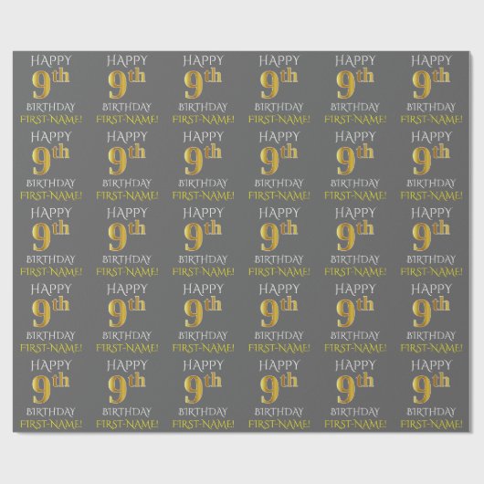 Papier Cadeau Grey, Faux Gold "HAPPY 9th BIRTHDAY" (Plat)