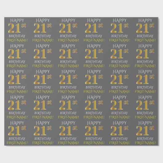 Papier Cadeau Grey, Faux Gold "HEUREUX 21e ANNIVERSAIRE" (Plat)
