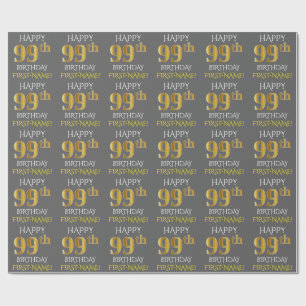 Papier Cadeau Grey, Faux Gold "HEUREUX 99e ANNIVERSAIRE"