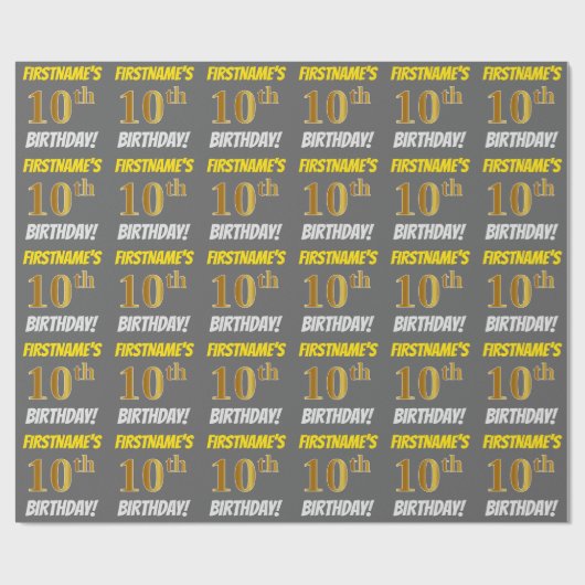 Papier Cadeau Grey, Faux/Imitation Gold, "10e ANNIVERSAIRE" (Plat)