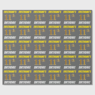 Papier Cadeau Grey, Faux/Imitation Gold, "11e anniversaire"