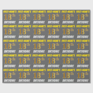 Papier Cadeau Grey, Faux/Imitation Gold, "18e ANNIVERSAIRE"