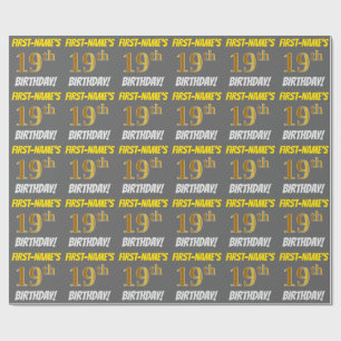 Papier Cadeau Grey, Faux/Imitation Gold, "19e anniversaire"