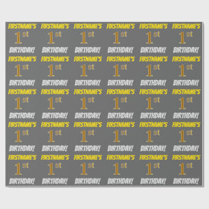 Papier Cadeau Grey, Faux/Imitation Gold, "1er anniversaire"