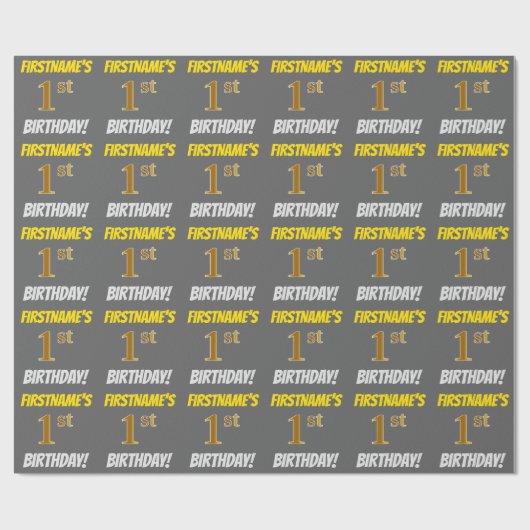 Papier Cadeau Grey, Faux/Imitation Gold, "1er anniversaire" (Plat)