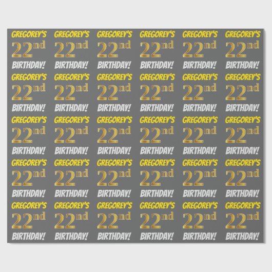 Papier Cadeau Grey, Faux/Imitation Gold, "22e ANNIVERSAIRE" (Plat)