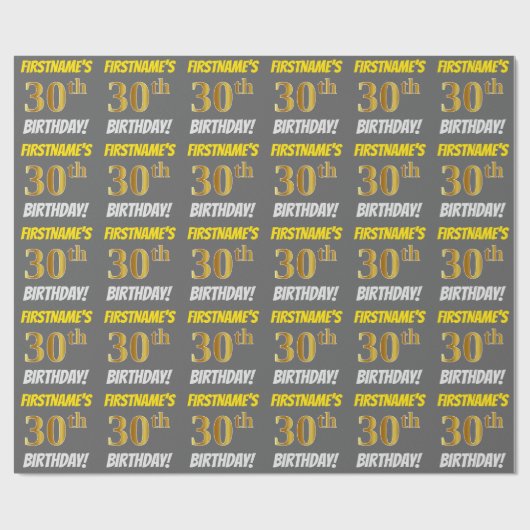 Papier Cadeau Grey, Faux/Imitation Gold, "30e ANNIVERSAIRE" (Plat)
