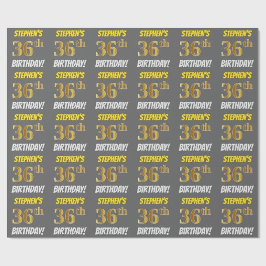 Papier Cadeau Grey, Faux/Imitation Gold, "36e ANNIVERSAIRE" (Plat)