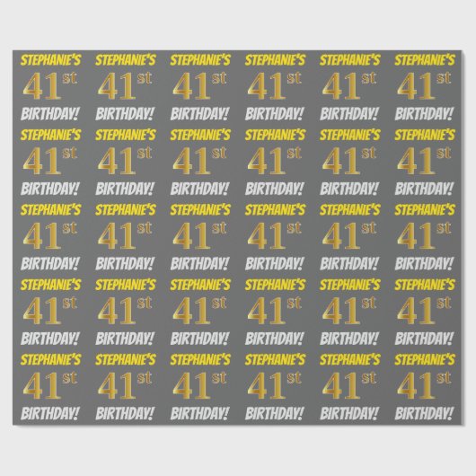 Papier Cadeau Grey, Faux/Imitation Gold, "41e ANNIVERSAIRE" (Plat)