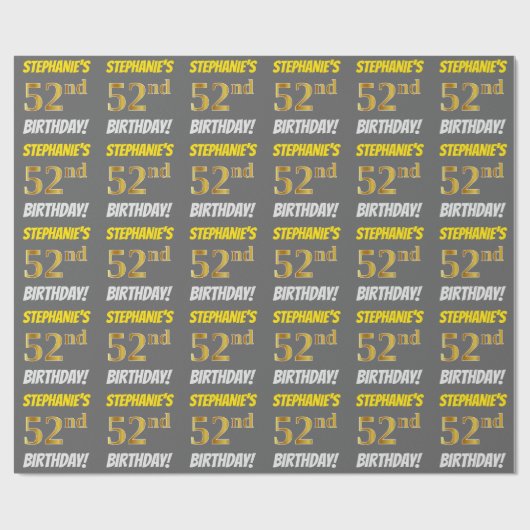 Papier Cadeau Grey, Faux/Imitation Gold, "52e anniversaire" (Plat)