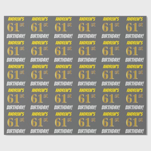 Papier Cadeau Grey, Faux/Imitation Gold, "61e ANNIVERSAIRE" (Plat)