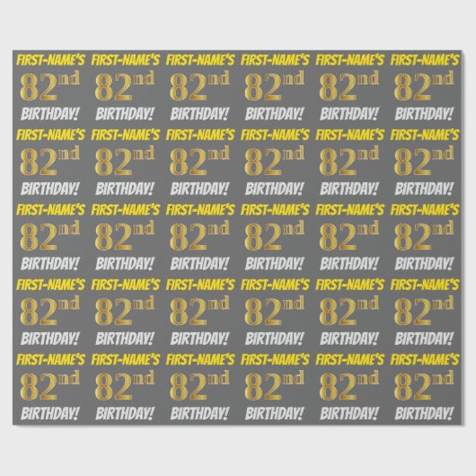 Papier Cadeau Grey, Faux/Imitation Gold, "82e ANNIVERSAIRE" (Plat)