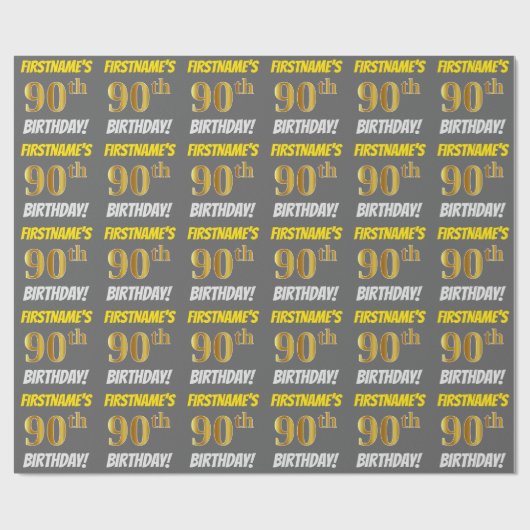 Papier Cadeau Grey, Faux/Imitation Gold, "90e ANNIVERSAIRE" (Plat)