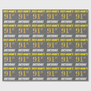 Papier Cadeau Grey, Faux/Imitation Gold, "91e ANNIVERSAIRE"