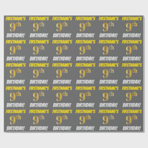 Papier Cadeau Grey, Faux/Imitation Gold, "9e anniversaire"