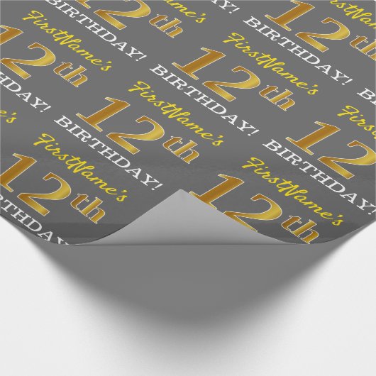 Papier Cadeau Grey, Imitation Gold Look "12e anniversaire" (Coin)
