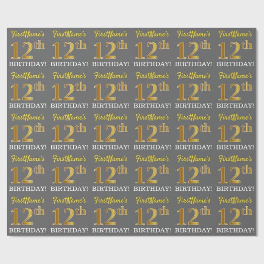 Papier Cadeau Grey, Imitation Gold Look "12e anniversaire" (Plat)