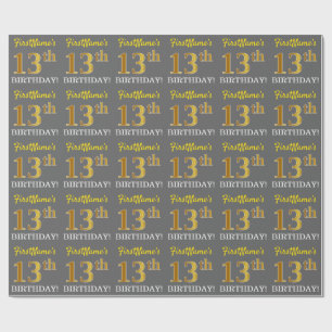 Papier Cadeau Grey, Imitation Gold Look "13ème anniversaire"