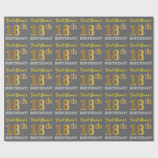 Papier Cadeau Grey, Imitation Gold Look "18e anniversaire" (Plat)
