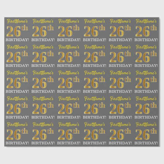 Papier Cadeau Grey, Imitation Gold Look "26e anniversaire" (Plat)