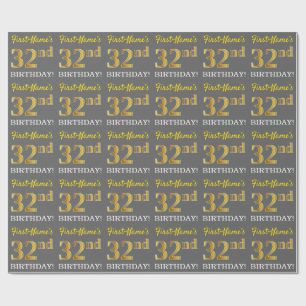Papier Cadeau Grey, Imitation Gold Look "32e anniversaire"