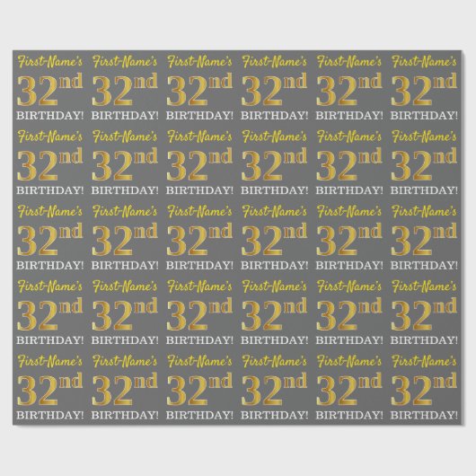 Papier Cadeau Grey, Imitation Gold Look "32e anniversaire" (Plat)