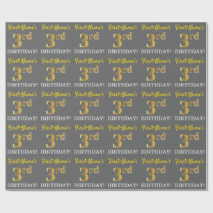 Papier Cadeau Grey, Imitation Gold Look "3e anniversaire"