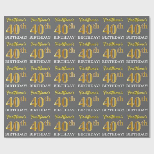 Papier Cadeau Grey, Imitation Gold Look "40e anniversaire" (Plat)