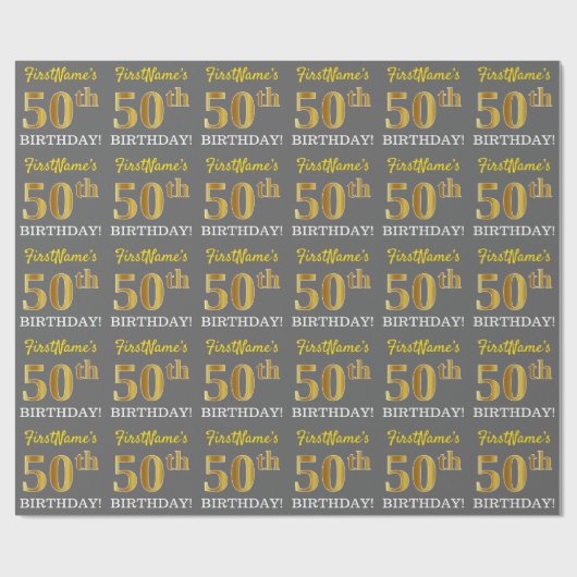 Papier Cadeau Grey, Imitation Gold Look "50e anniversaire" (Plat)