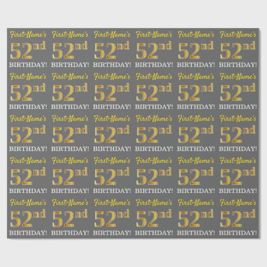 Papier Cadeau Grey, Imitation Gold Look "52e anniversaire" (Plat)