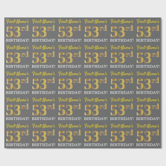Papier Cadeau Grey, Imitation Gold Look "53ème anniversaire" (Plat)