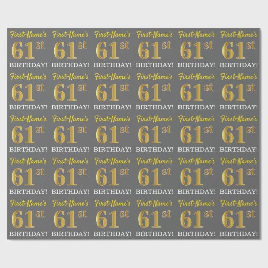 Papier Cadeau Grey, Imitation Gold Look "61ème anniversaire" (Plat)