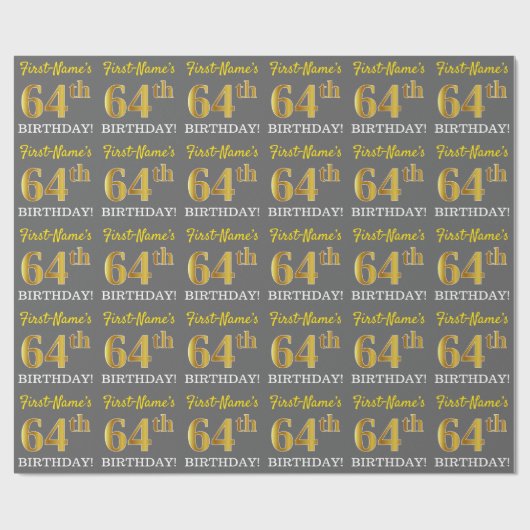 Papier Cadeau Grey, Imitation Gold Look "64e anniversaire" (Plat)