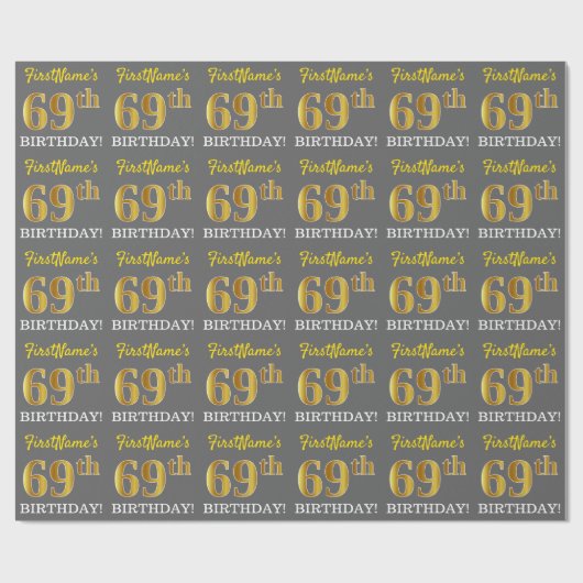 Papier Cadeau Grey, Imitation Gold Look "69e anniversaire" (Plat)
