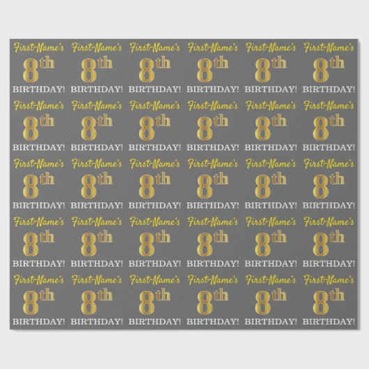 Papier Cadeau Grey, Imitation Gold Look "8e anniversaire" (Plat)