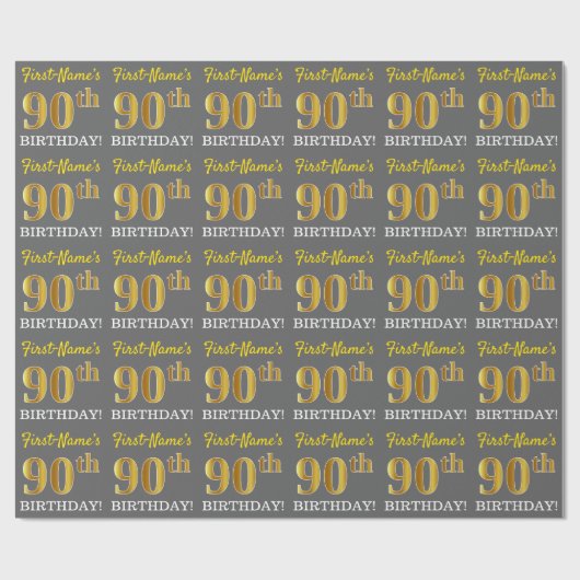 Papier Cadeau Grey, Imitation Gold Look "90e anniversaire" (Plat)