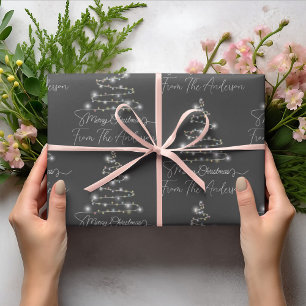 Papier Cadeau Grey Joyeux Arbre de Noël Lumière Nom de famille p