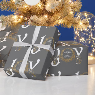 Papier Cadeau Grey Vintage Joie Paix Amour Gold Classic Noël