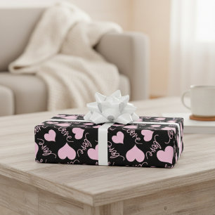 Papier Cadeau Gribouillages de cœur rose fantaisistes Script d'a