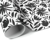 Papier Cadeau Grille noire : vintage motif chrysanthème (Coin rond)