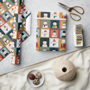 Papier Cadeau Grille Texturée de Bonshommes de Neige Festifs