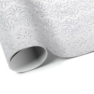 Papier Cadeau Gris argent floral damasqué floral rayures royales