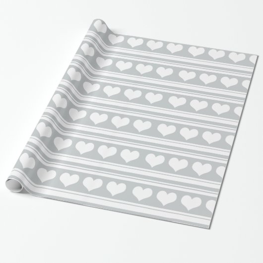 Papier Cadeau Gris blanc mignon de motif de rayures de coeur (Déroulé)