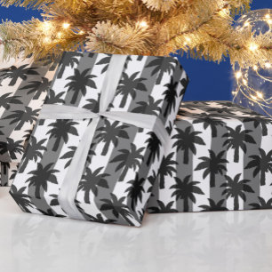 Papier Cadeau Gris Blanc Tropical Palmiers Stripes Design