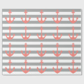 Papier Cadeau Gris et blanc avec corail Ancre nautique (Plat)